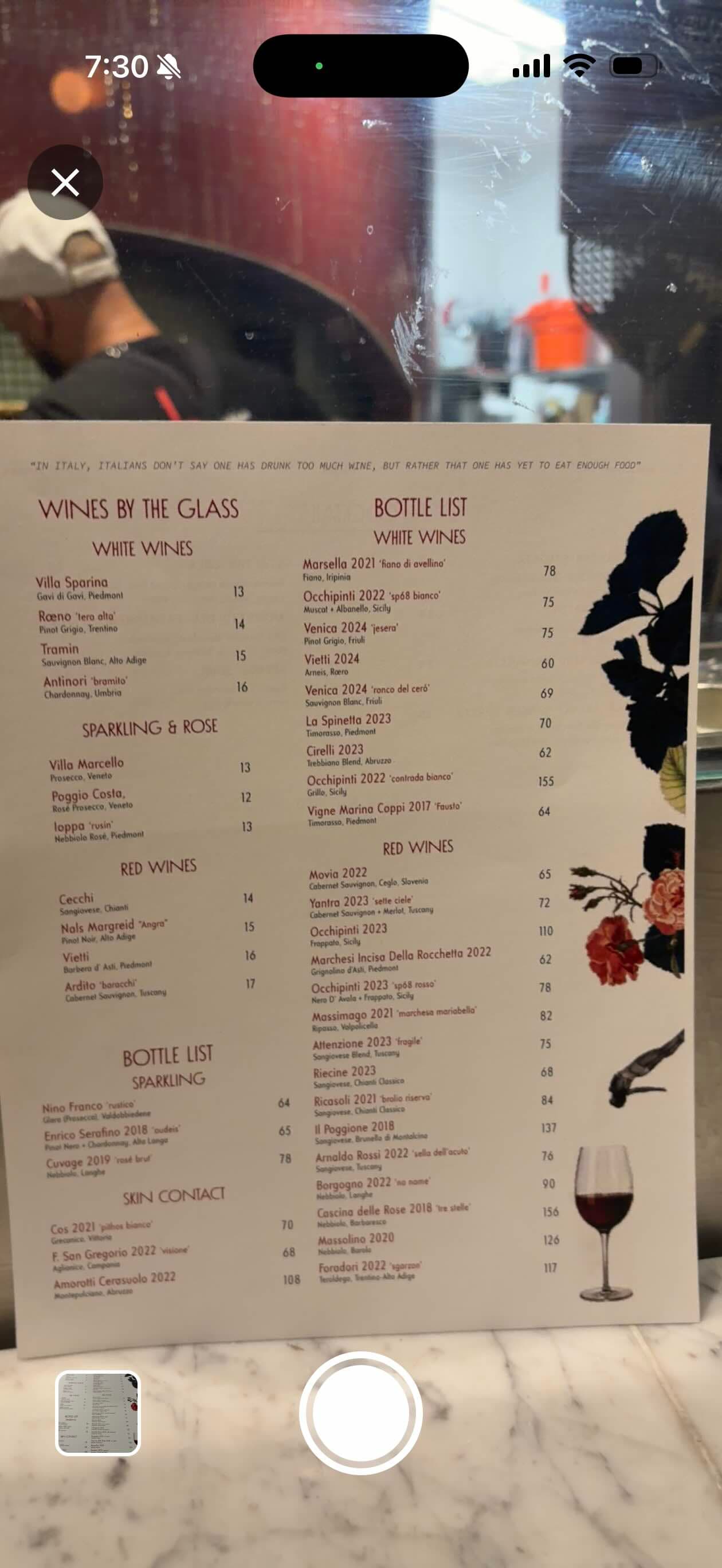 Scanning a restaurant wine list